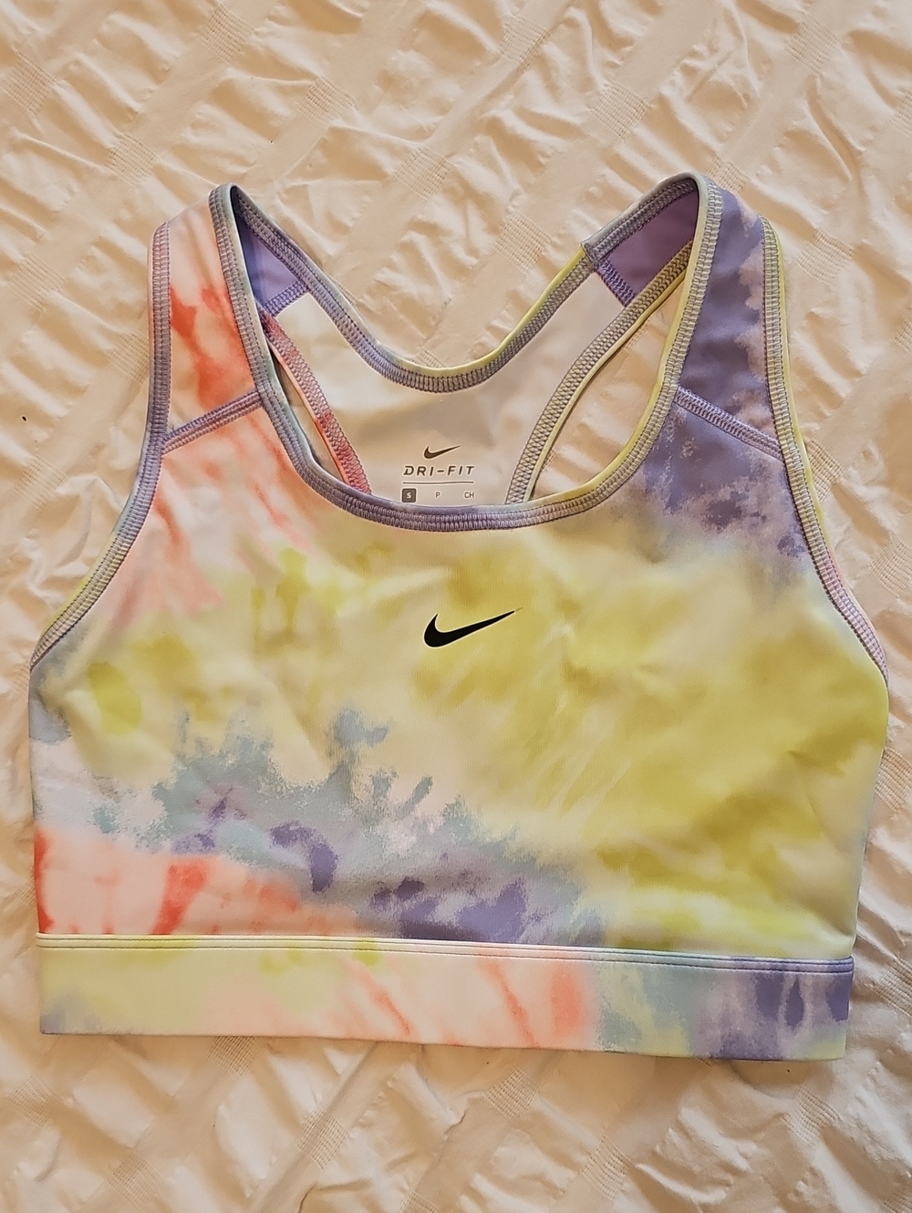 Nike Dry-Fit Size S Tie-Dye Pastel Sports Bra in Yellow, Purple, Pink